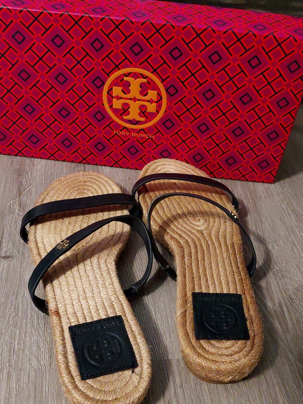 Tory Burch Black Strappy Espadrille Sandals with Jute Footbed